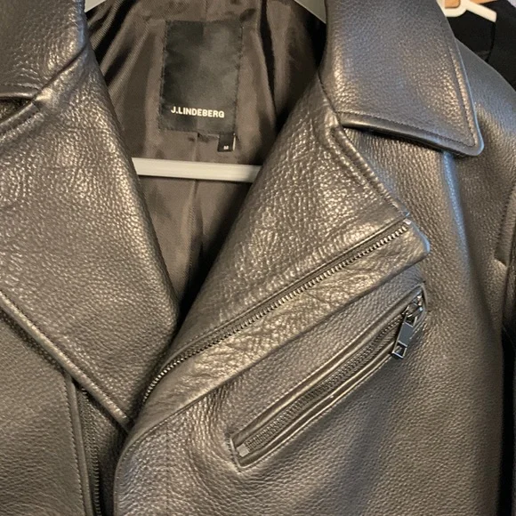 J. Lindeberg 100% Grained Black Leather Moto Jacket - Size Men M